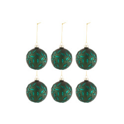 J-Line doos van 6 kerstballen blaadjes glitter glas mat small 8x8x8cm