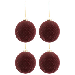 J-Line doos van 4 kerstballen patroon fluweel glas burgundy medium -