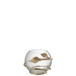 J-Line vaas blad schaal glas/ijzer /goud 10x10x13cm