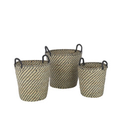 J-Line set van 3 mand rond handvatten stro /zwart 38x38x44cm