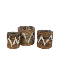 J-Line set van 3 manden fanny bananenbladeren natuur/wit 22x22x19cm