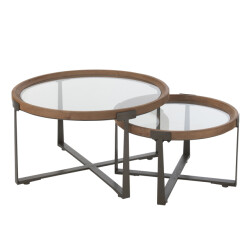 J-Line set van 2 salontafel luki glas/spar hout naturel/zwart 80x80x43cm