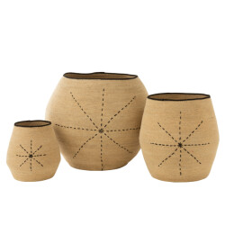J-Line set van 3 mand ster stippellijnen zeegras /zwart 68x68x57cm