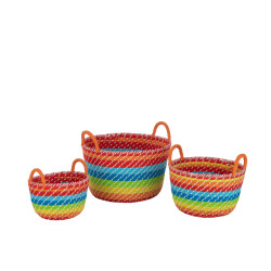 J-Line set van 3 mand regenboog strepen+handvaten zeegras mix 39x39x24cm