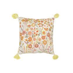 J-Line kussen vierkant bloemen+kwastjes katoen /oranje 45x45x15cm