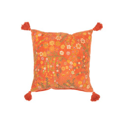 J-Line kussen vierkant bloemen+kwastjes fluweel 50x50x15cm