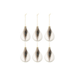J-Line doos van 6 kerstballen druppel pauwenveer glas transparant small -
