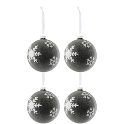J-Line doos van 4 kerstbal parels+sneeuwvlok glas grijs donker/wit large -