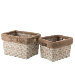 J-Line set van 2 manden rechthoekig+imitatiebont rotan plat 42x28x27cm