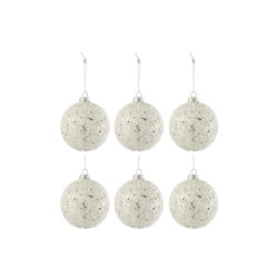J-Line doos van 6 kerstballen parels+glitter glas zilver/ small 9x9x10cm
