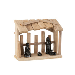 J-Line kerststal plat dak hout/keramiek naturel/zwart 25.5x12.5x21cm