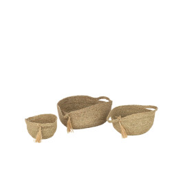 J-Line set van 3 mand rond met handvat+ kwast gras 33x40x17cm