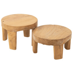 J-Line set van 2 tafel rond teak hout naturel 50x50x35cm