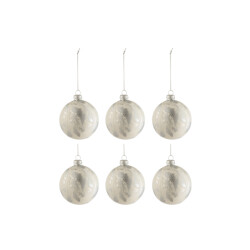 J-Line doos van 6 kerstballen marmerlook glas /zilver small 8x8x8cm