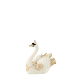J-Line zwaan zittend veren velvet ecru goud small 23x16x26cm