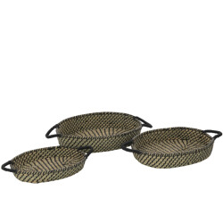 J-Line set van 3 mand ovaal handvatten stro /zwart 57x34x11cm