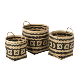 J-Line set van 3 mand patronen handvaten bamboe /zwart 41x41x39cm