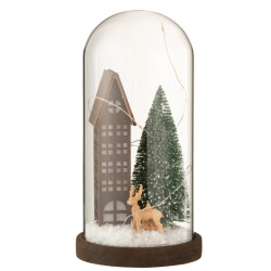 J-Line stolp hoog led huis glas/hout dark brown/green large 14x14x27cm