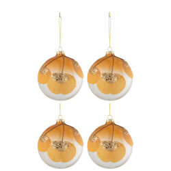 J-Line doos van 4 kerstballen gedroogd blad oker+glitter glas transparant