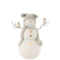 J-Line sneeuwman led vogels resine wit/grey large 43.5x26x50cm