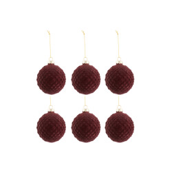 J-Line doos van 6 kerstballen patroon fluweel glas burgundy small 8x8x8cm