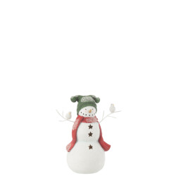 J-Line sneeuwman vogels resine rood/green small 23.5x14x27.5cm