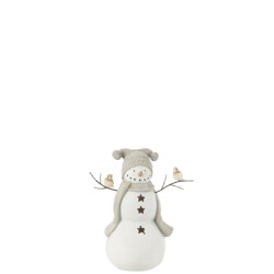 J-Line sneeuwman vogels resine wit/grey small 23.5x14x27.5cm
