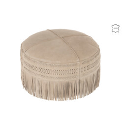 J-Line poef franjes rond leer licht 54x54x37cm