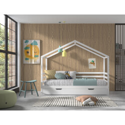 Lucevi huisbed 90x200cm en rolbed hout - 210x96x170cm