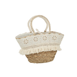 J-Line strandtas bloemen+franjes zeegras nat/creme 59x16x30cm