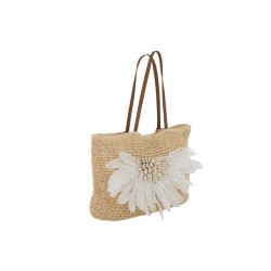 J-Line strandtas met schelpen/veren papier /wit 34x49x3cm