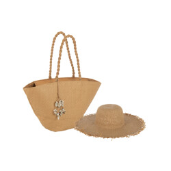 J-Line set van 2 strandtas met schelpen + hoed papier lichtbruin 60x18x31cm