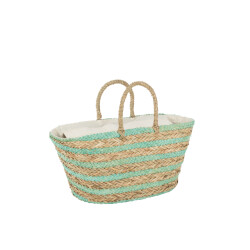 J-Line strandtas kort handvatten horizontale strepen jute /blauw -