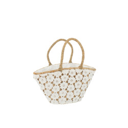 J-Line strandtas kant bloem patroon jute naturel/ 54x24x30cm