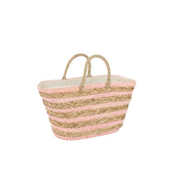 J-Line strandtas kort handvatten horizontale strepen jute /licht roze -