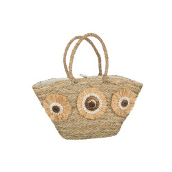 J-Line strandtas zonnebloemen schelpen zeegras nat 59x16x30cm
