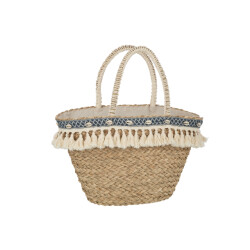 J-Line strandtas kwasten+schelpen zeegras nat/blauw 58x19x30cm