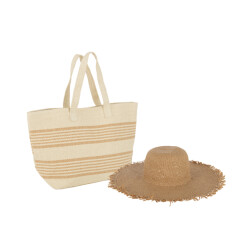 J-Line set van 2 strandtas strepen + hoed papier beige/lichtbruin 59x20x39cm