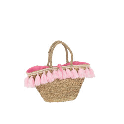 J-Line strandtas kwasten jute/textiel naturel/roze 50x22x50cm
