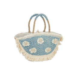 J-Line strandtas bloemen+franjes denim zeegras nat/blauw 59x16x30cm