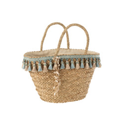 J-Line strandtas kwastjes blauw/beige riet 48x23x50cm