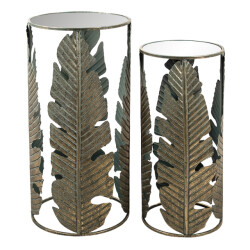 Clayre & Eef Bijzettafel set van 2 metaal glas rond bladeren
