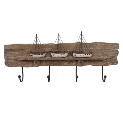 Clayre & Eef Wandkapstok 4 haken 63x8x27 cm hout ijzer bootjes