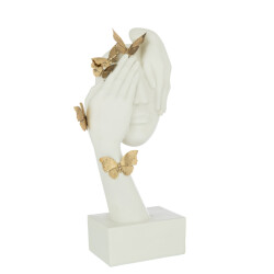 J-Line gezicht vlinders staander poly wit/goud 26x16.5x54.5cm