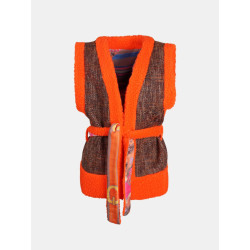 Mucho Gusto Tweezijdig draagbaar oranje tweed en teddy gilet met multicolor riemen en paisleyprint