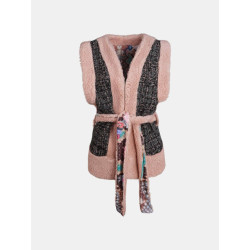 Mucho Gusto Tweezijdig draagbaar roze tweed en teddy gilet chique roze met multicolor slangenprint