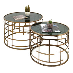 Clayre & Eef Bijzettafel set van 2 Ø 75 / Ø 60 cm metaal glas rond