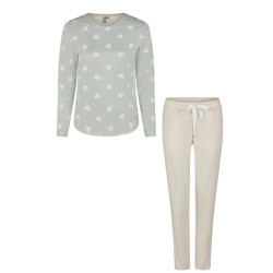 By Louise Dames pyjama set lang katoen mintgroen hartjes/beige gestreept