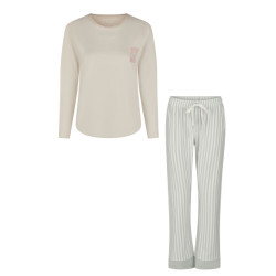 By Louise Dames pyjama set lang katoen beige/mintgroen gestreept