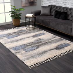 Muratap Versay hoogpolig vloerkleed golvend design grijs/blauw franjes- 160x230 cm